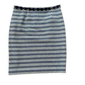 MaxMara Weekend Tweed Skirt 8 US Blue Stripes Fringe Waist Office Career Preppy